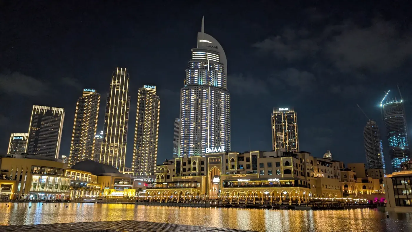 Downtown Dubai waterfront lights at night