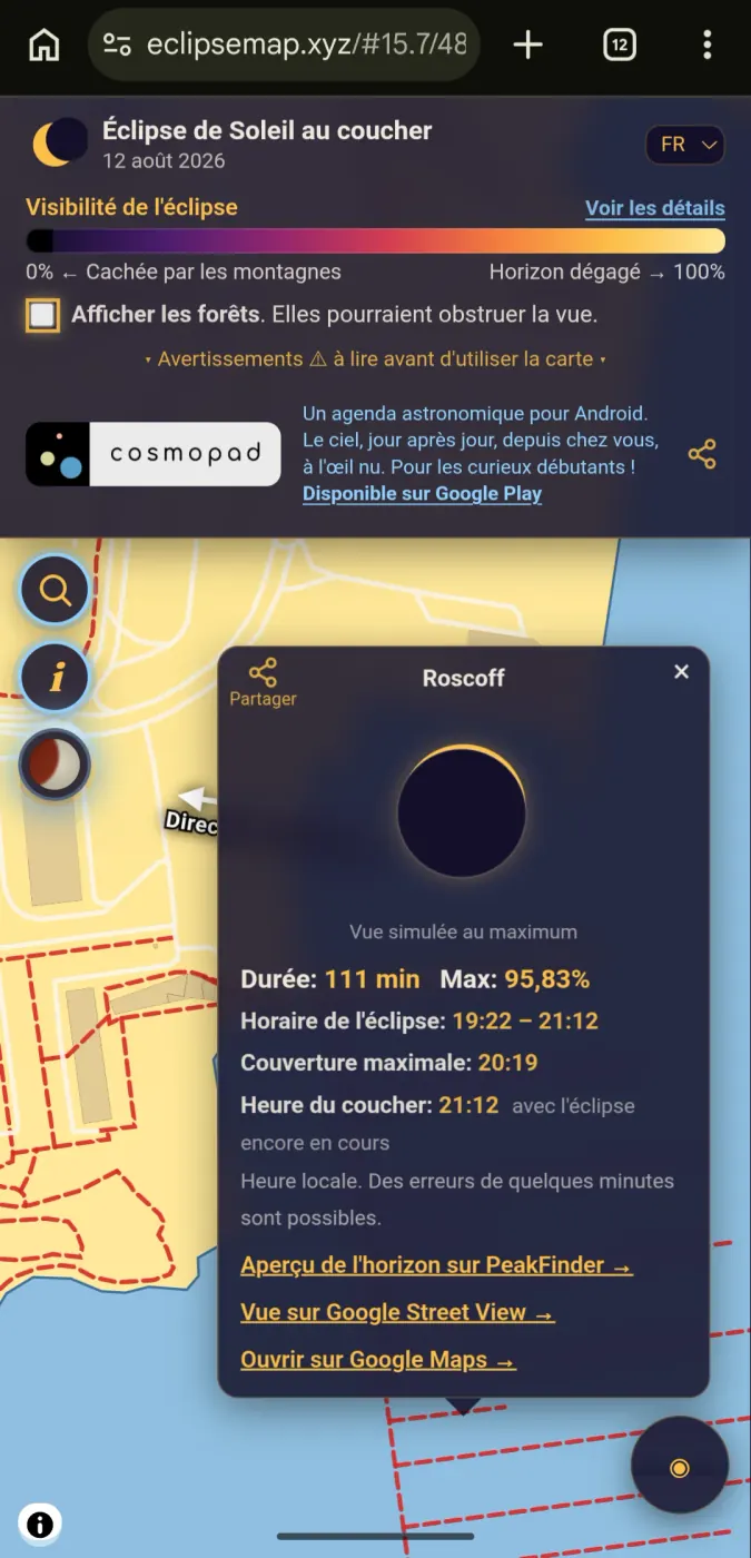 Carte et prévisions astronomiques de l'éclipse à Roscoff