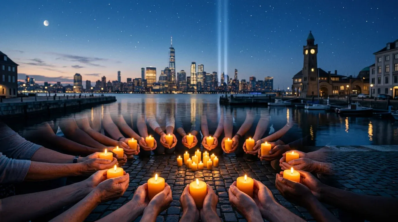 A diverse circle of hands holding candles at twilight bridging Lower Manhattan and European harbors