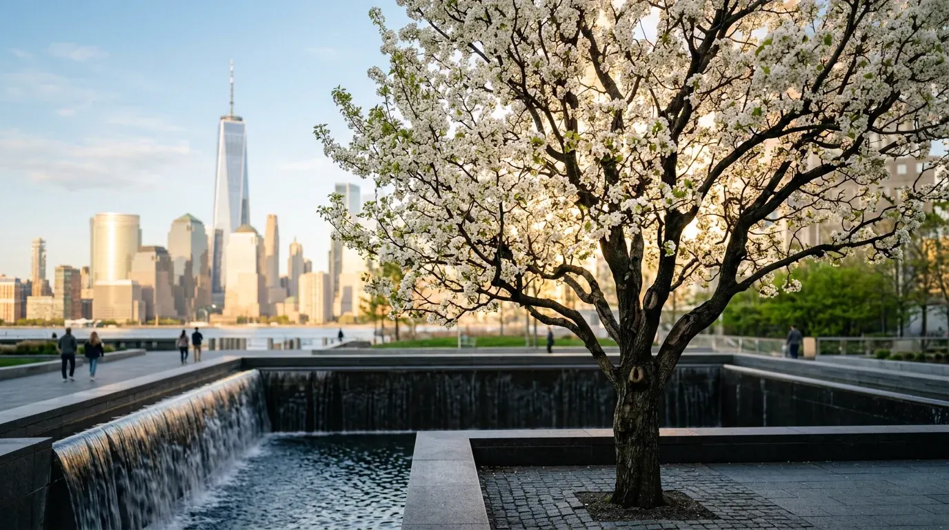 The Survivor Tree in full spring bloom beside the 9/11 Memorial reflecting pool